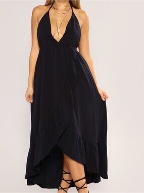 Navy Blue Halter Maxi Dress with Plunge Neckline- no body jewelry included.